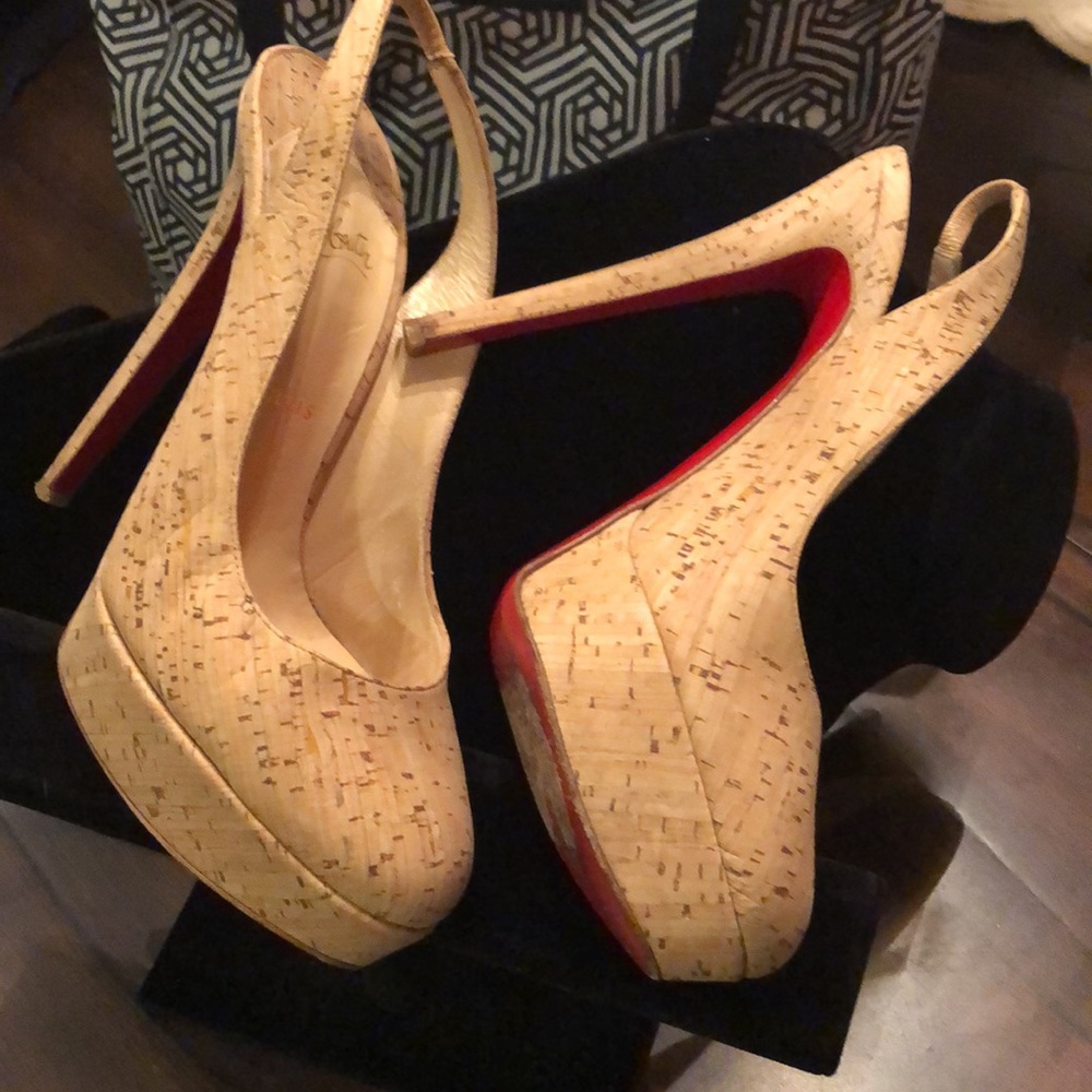 ❤️ Christian Louboutin Stiletto Red soles platform cork, stretch strap heels